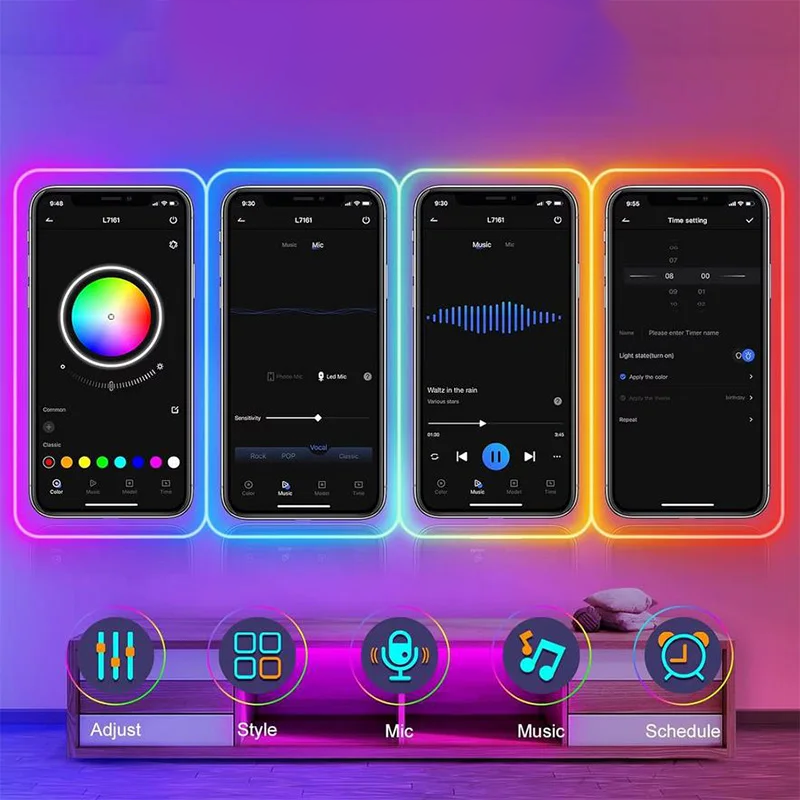 Fita LED Neon RGB - Bluetooth, Sincronização com Musica e Controlo por App Fita LED Neon RGB - Bluetooth, Sincronização com Musica e Controlo por App